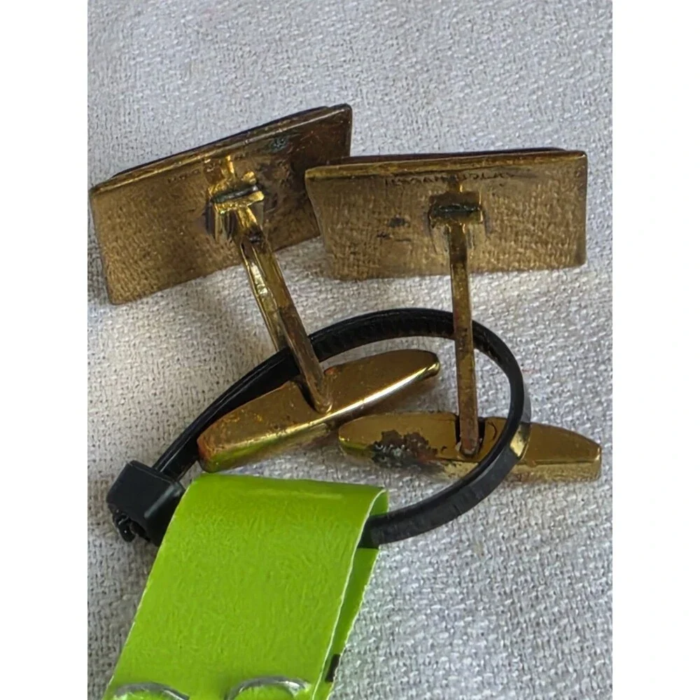 Vtg Mid Century Modern Cufflinks HOGAN BOLAS Modernist Greek Key Brass Enamel
